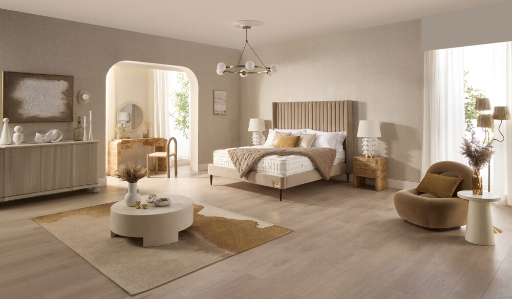 Henley upholstered bed frame with tall headboard and white Artisan mattress from www.winstonsbeds.com/en-us