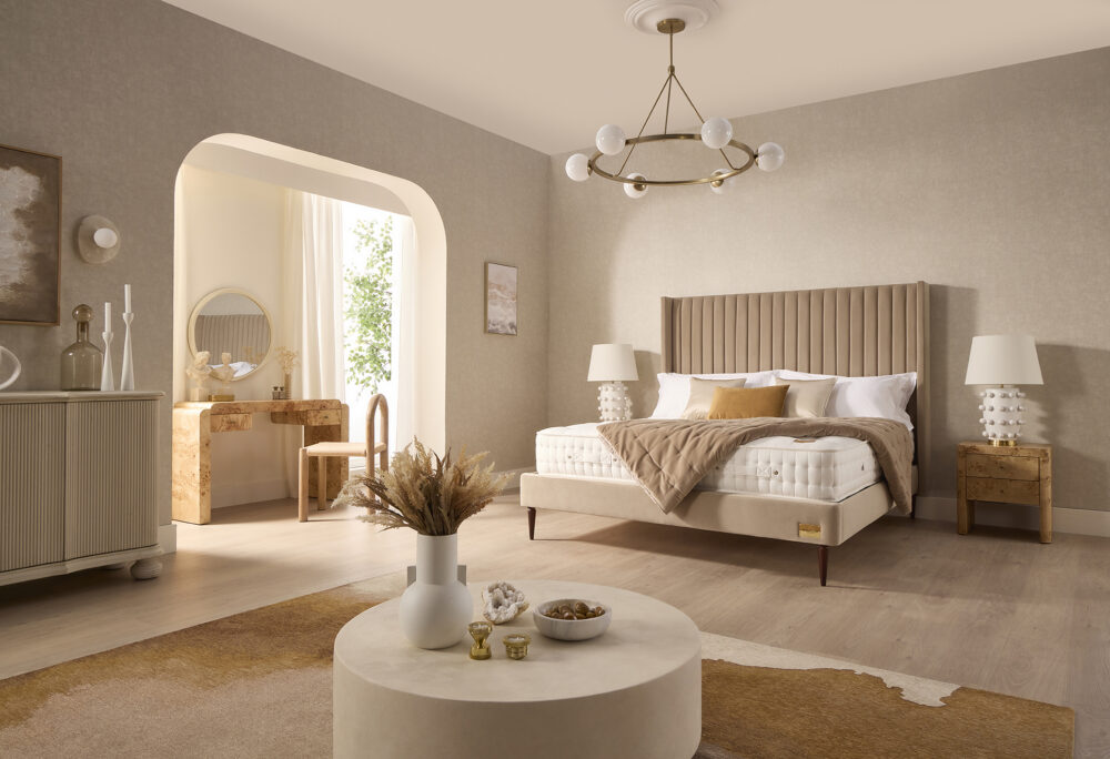 Henley upholstered bed base with Winstons logo and Artisan mattress from www.winstonsbeds.com/en-us