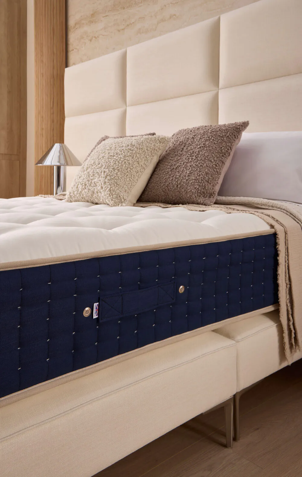 Luxury Grand Luxe mattress by Winstons Beds in a modern cream bedroom interior from www.winstonsbeds.com/en-us
