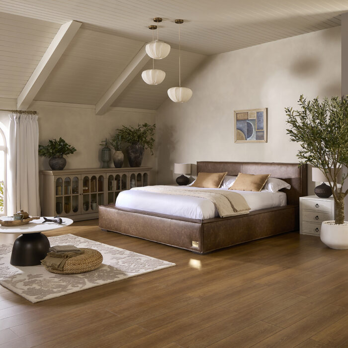 Flintwood bed upholstered in genuine leather with a padded headboard and low profile | www.winstonsbeds.com
